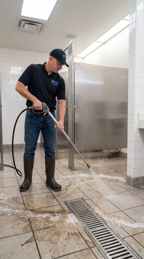 SDI technicians pressure washing commercial restroom floor tile