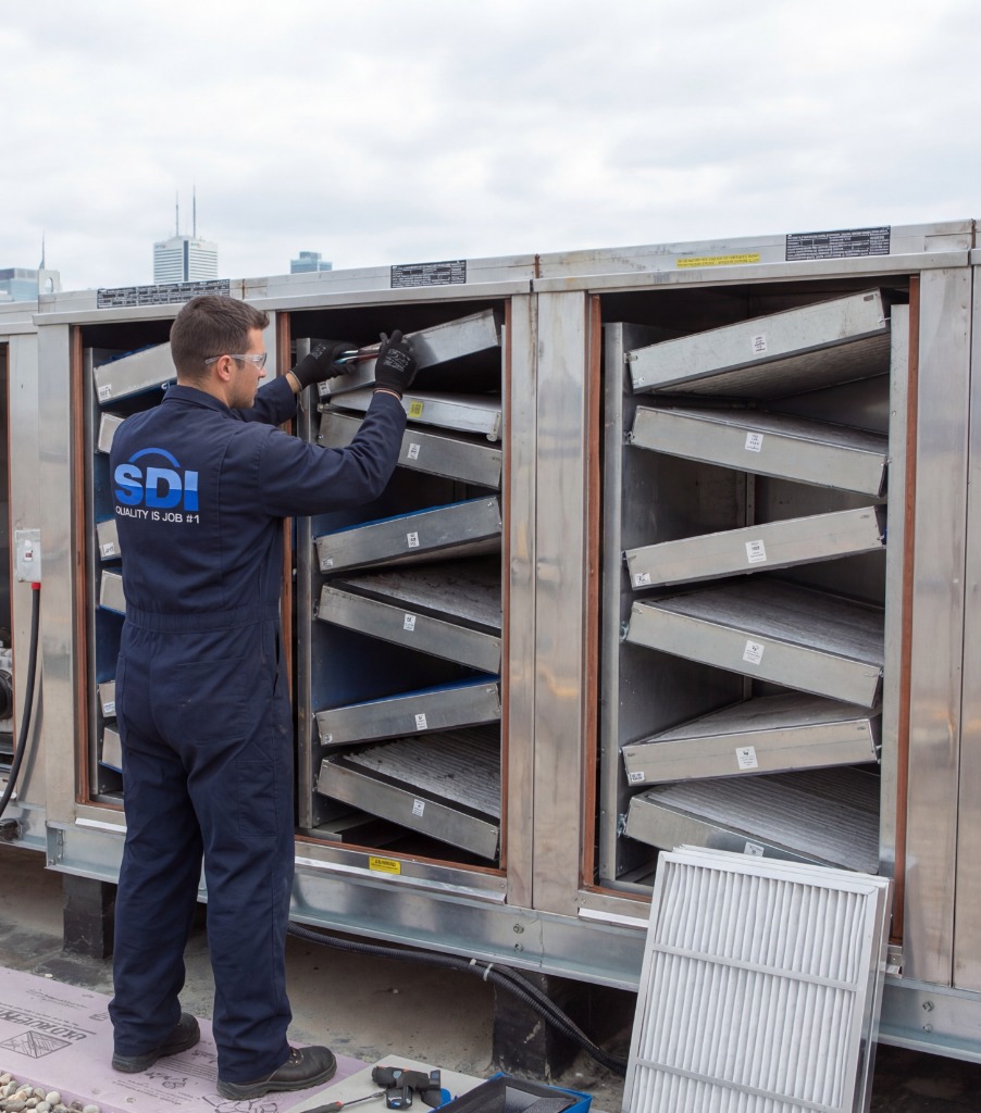 SDI technician replacing metal filters in a rooftop HVAC unit with city skyline in the background